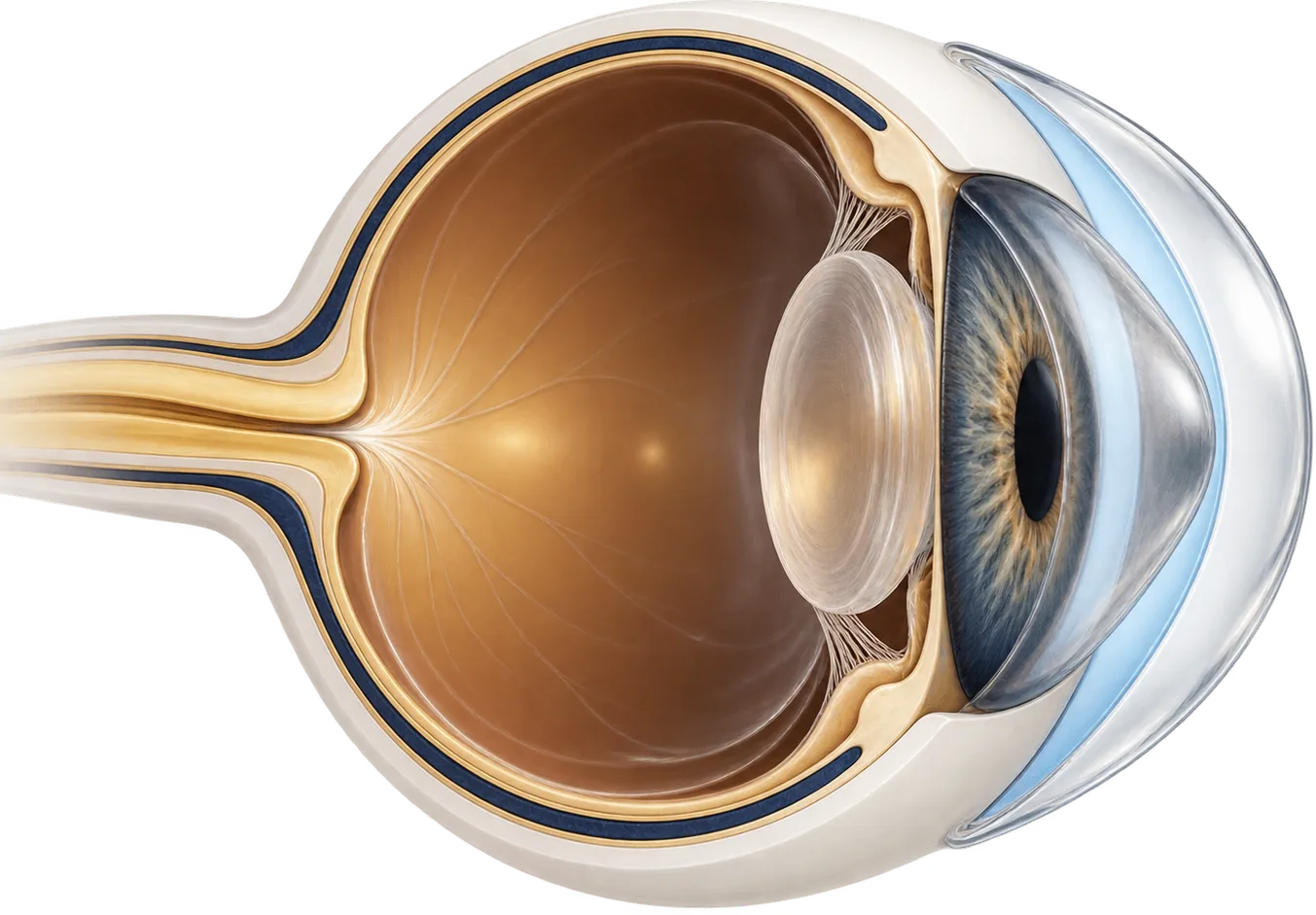Illustrated cross-section of an eye with keratoconus, with a scleral lens arching over the cone-shaped cornea on a layer of saline